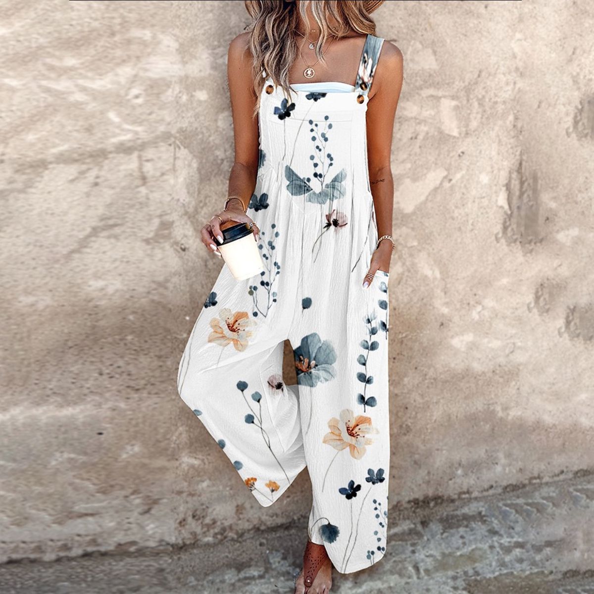 Floral Print Square Neck Wide Leg Jumpsuit