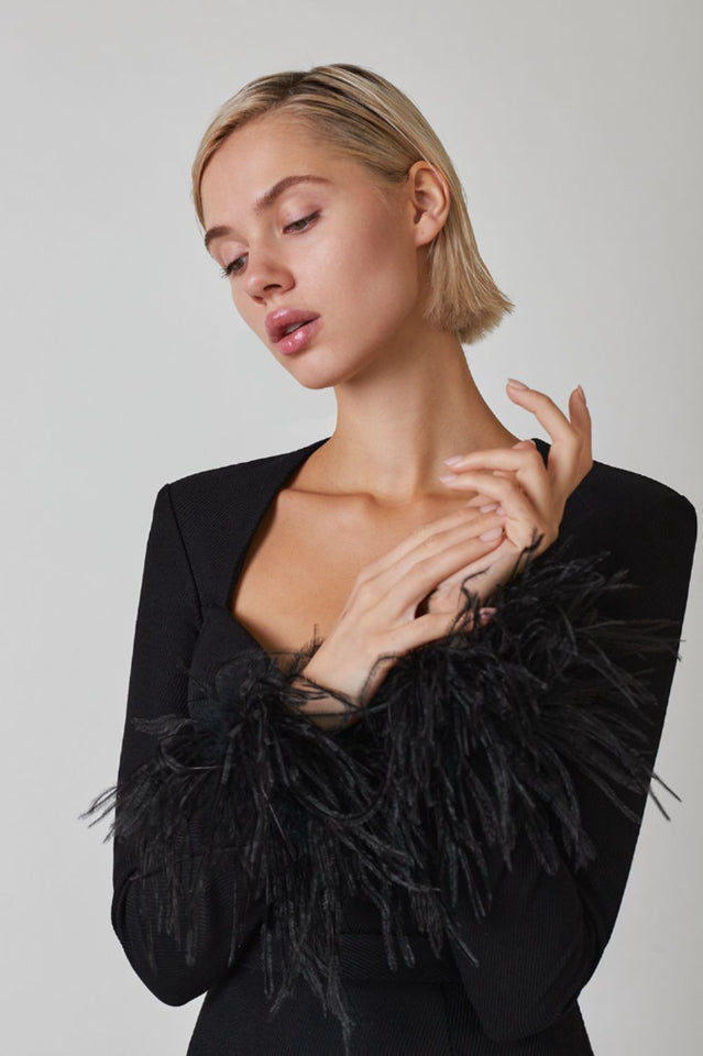 Feather Cuff Long Sleeve Sweetheart Bustier Bandage Mini Dress 12
