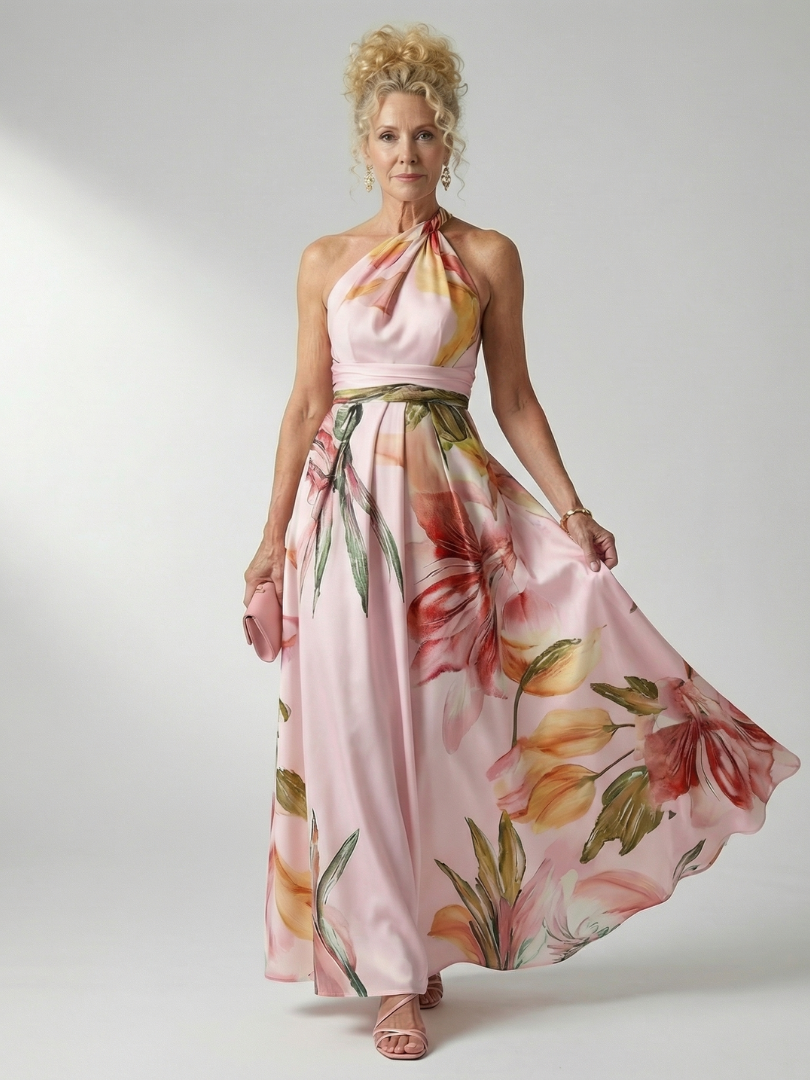 Floral Halter Neck One Shoulder Satin Maxi Dress