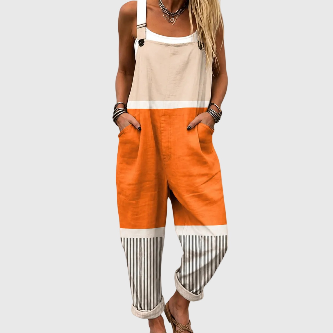 Colour Block Striped Pocket Dungaree Jumpsuit