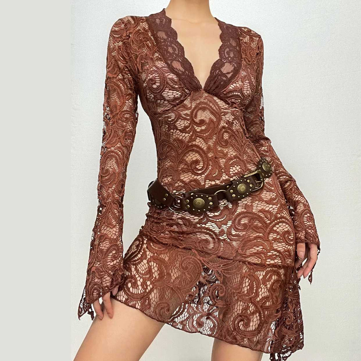 Sheer Lace V-Neck Flared Long Sleeve Asymmetric Hem Mini Dress 6