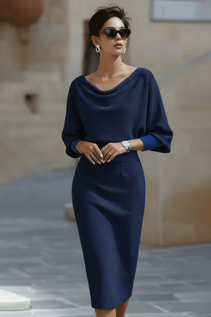 Cowl Neck Batwing Sleeve Knit Bodycon Midi Dress