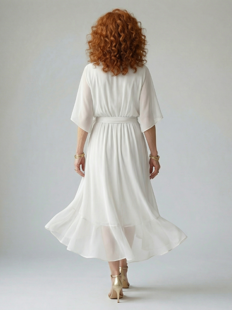 Chiffon V-Neck Kimono Sleeve Belted Ruffle Midi Dress