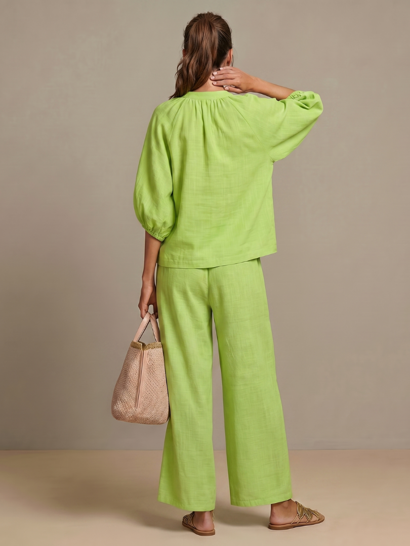Puff Sleeve Zip Front Top and Wide Leg Pants Two Piece Set