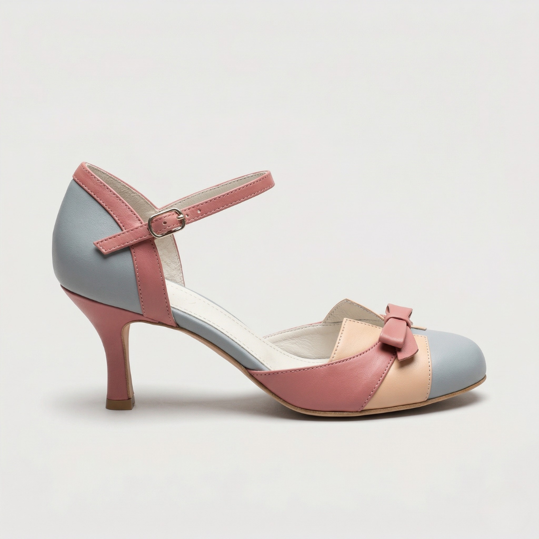 Round Toe Ankle Strap Bow Stiletto Heel Pumps