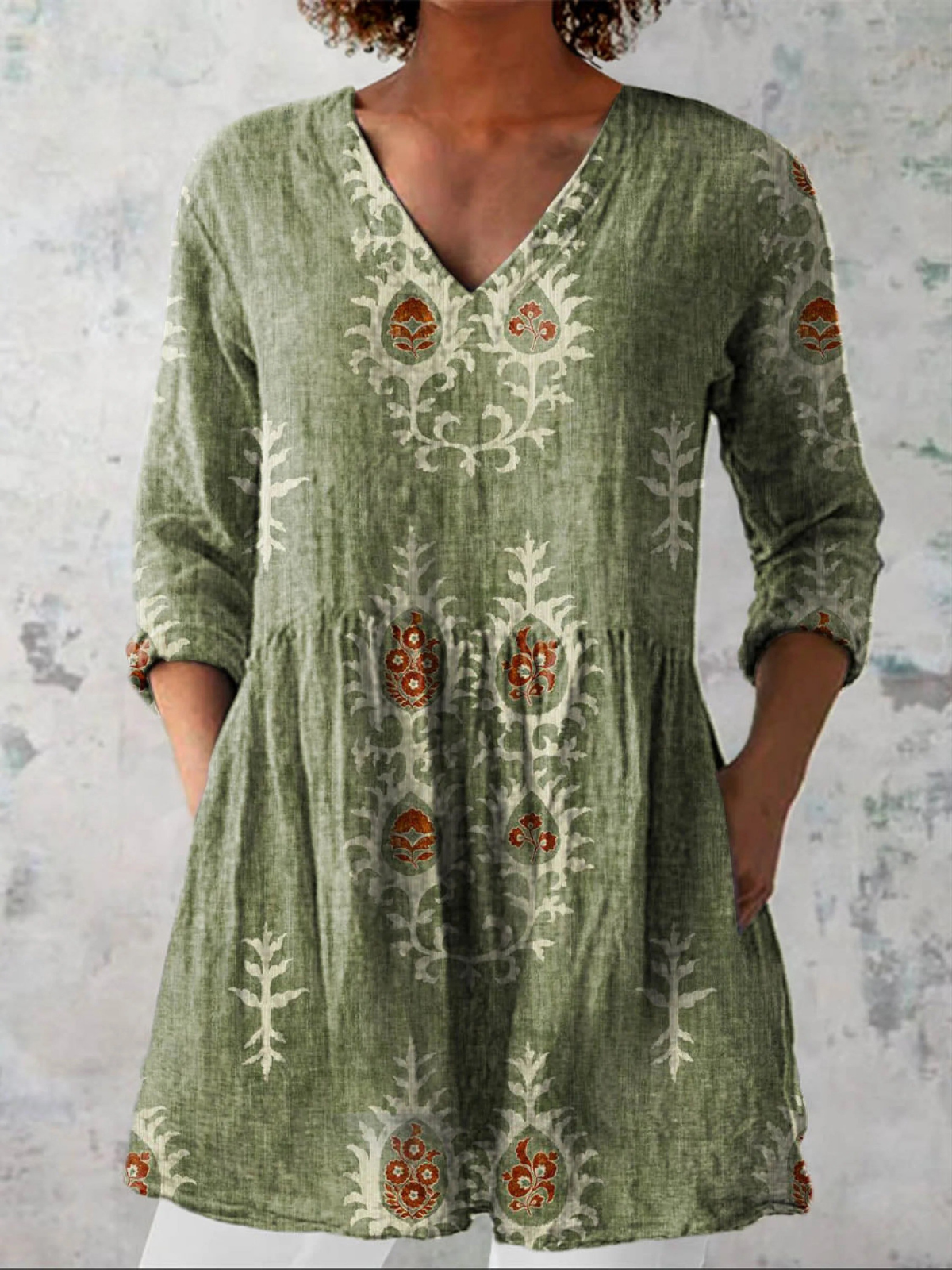 Floral Print V-Neck Long Sleeve Peplum Tunic Top
