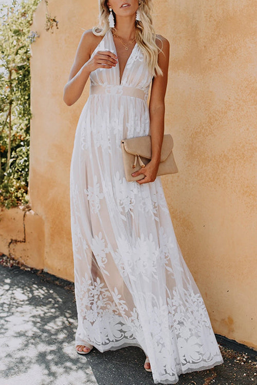 Angel in Disguise Lace Floral Backless Maxi Dress - 3 Colors White