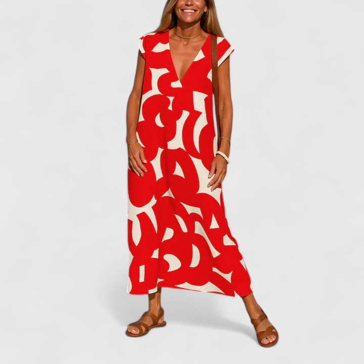 Abstract Print V-Neck Cap Sleeve Maxi Dress
