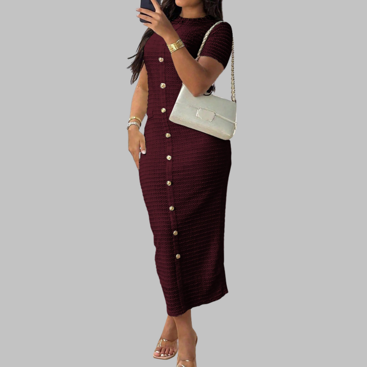 Mock Neck Short Sleeve Button Front Bodycon Midi Dress 8