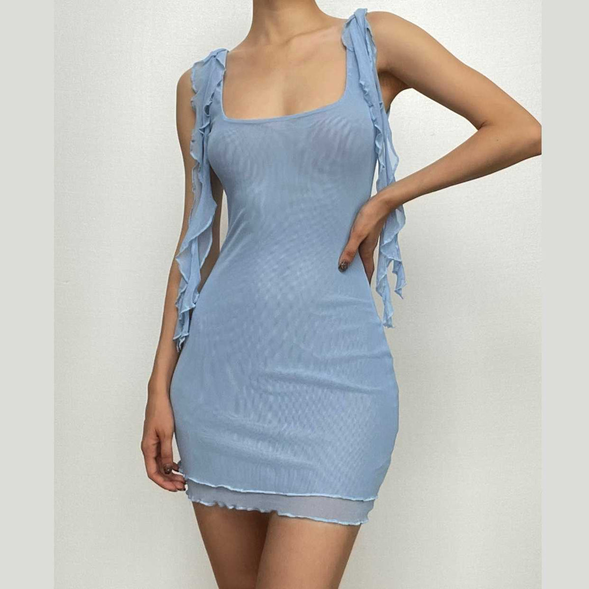 Mesh Square Neck Ruffle Strap Layered Hem Bodycon Mini Dress