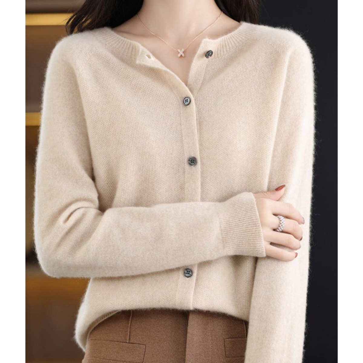 Round Neck Button Front Long Sleeve Knit Cardigan