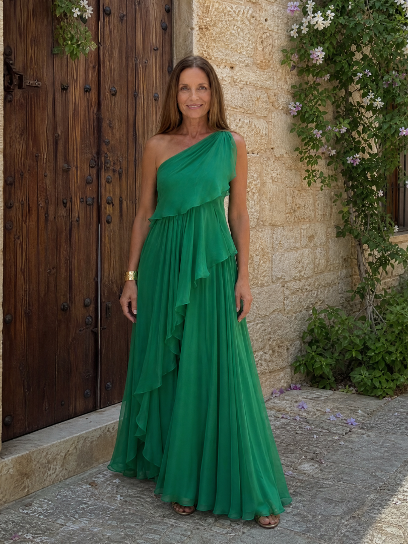 One Shoulder Ruffle Draped Chiffon Maxi Gown