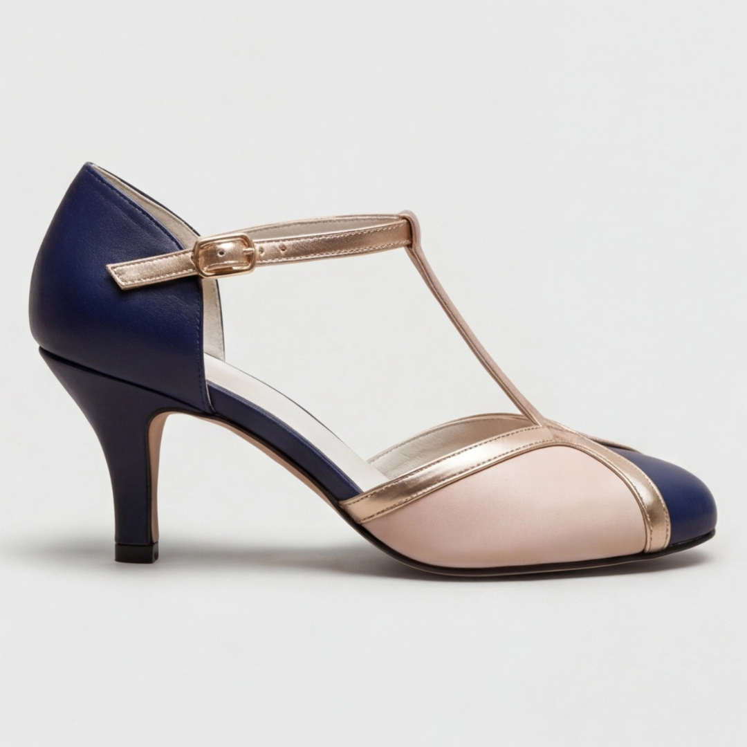 T Strap Cap Toe Buckle Kitten Heel Pumps
