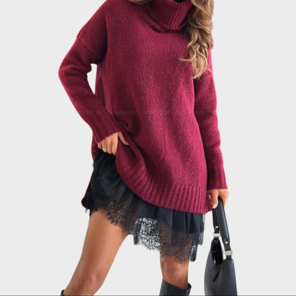 Turtleneck Oversized Sweater and Lace Slip Dress Two Piece Set