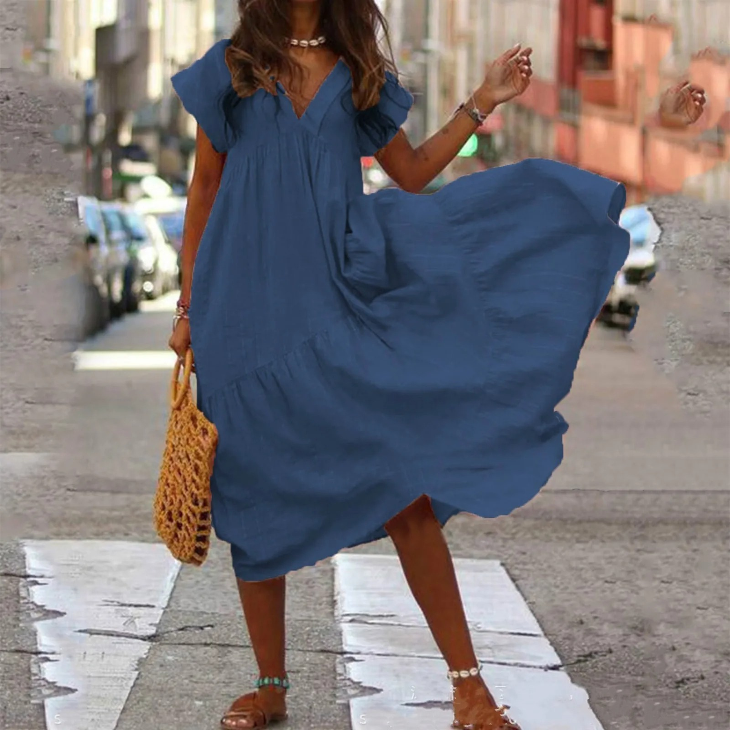 V-Neck Flutter Sleeve Tiered Ruffle Smock Midi Dress
