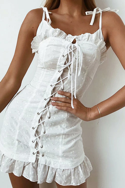Lace Drawstring Cross Shift Dress - 2 Colors White
