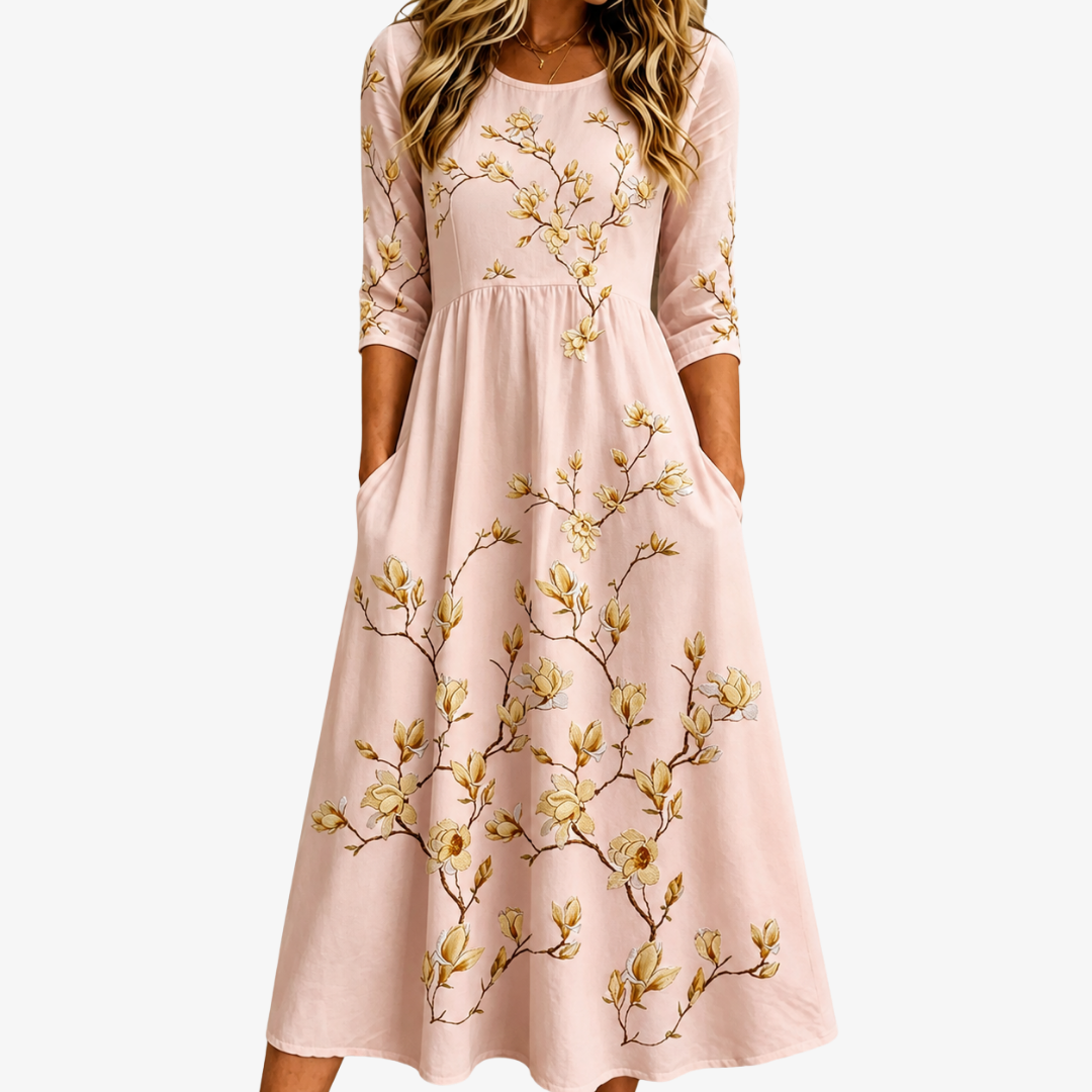 Floral Print Round Neck Pocket A-Line Midi Dress
