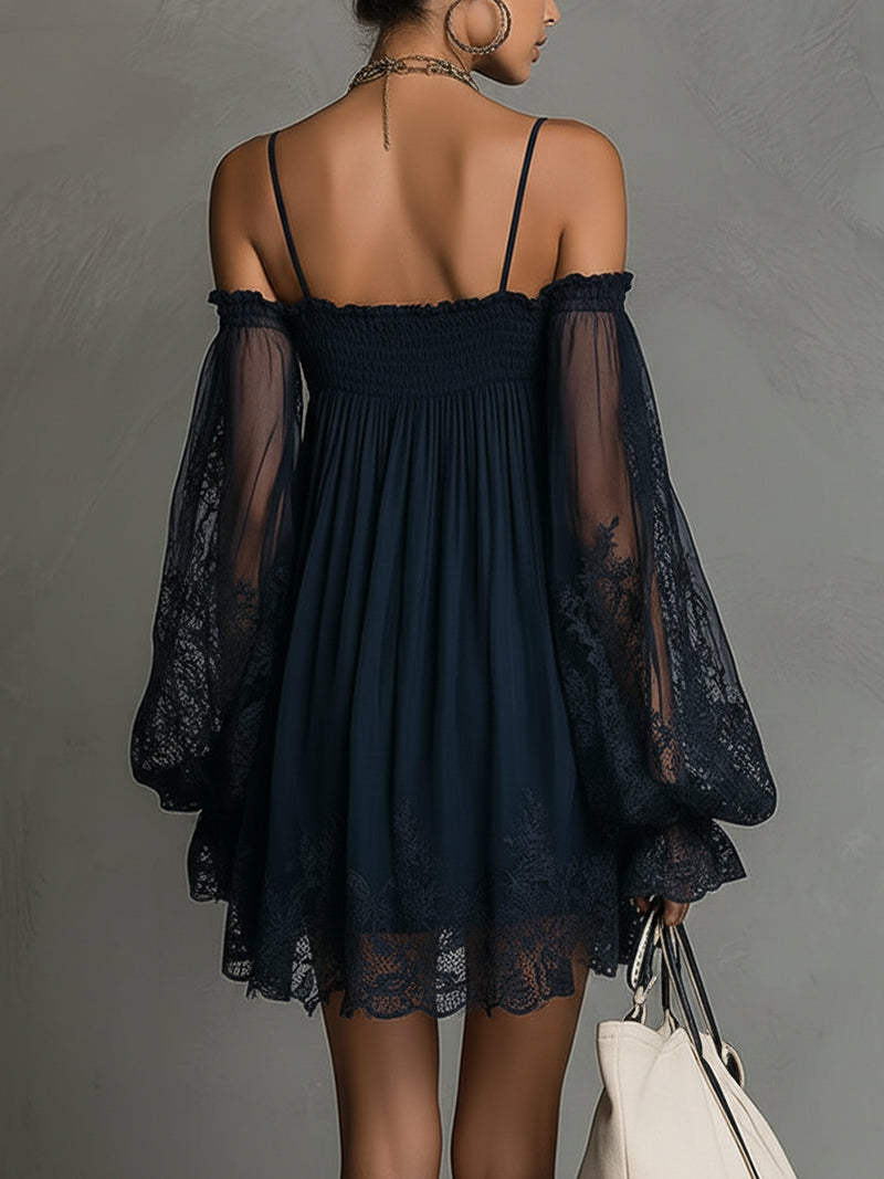 Off Shoulder Lace Bell Sleeve Smocked Mini Dress