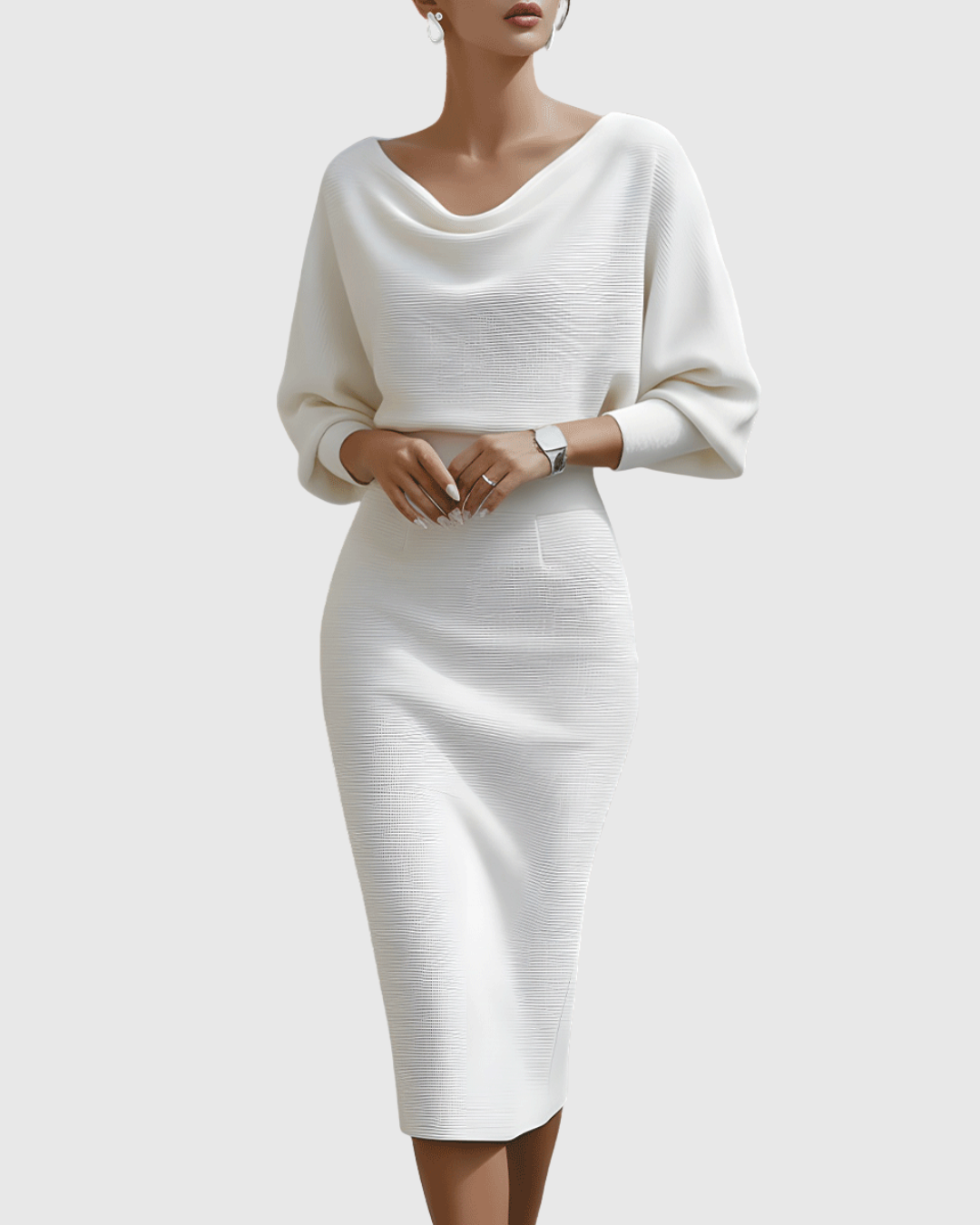 Off Shoulder Long Sleeve Ribbed Knit Bodycon Midi Dress