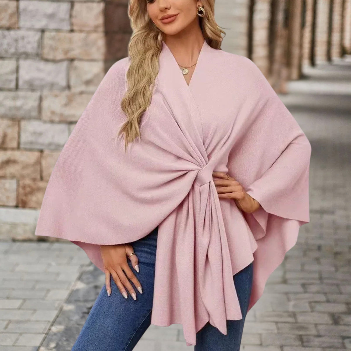 Twist Front Batwing Sleeve Knit Poncho