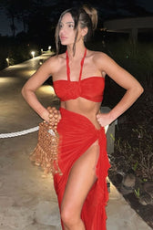 Strapless Rosette High Split Ruffle Two Piece Set 10