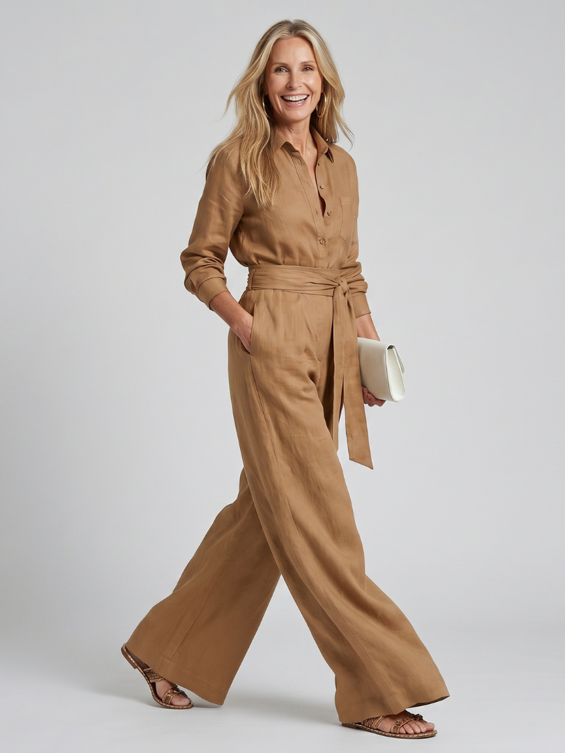 Collared Long Sleeve Belted Wide Leg Jumpsuit