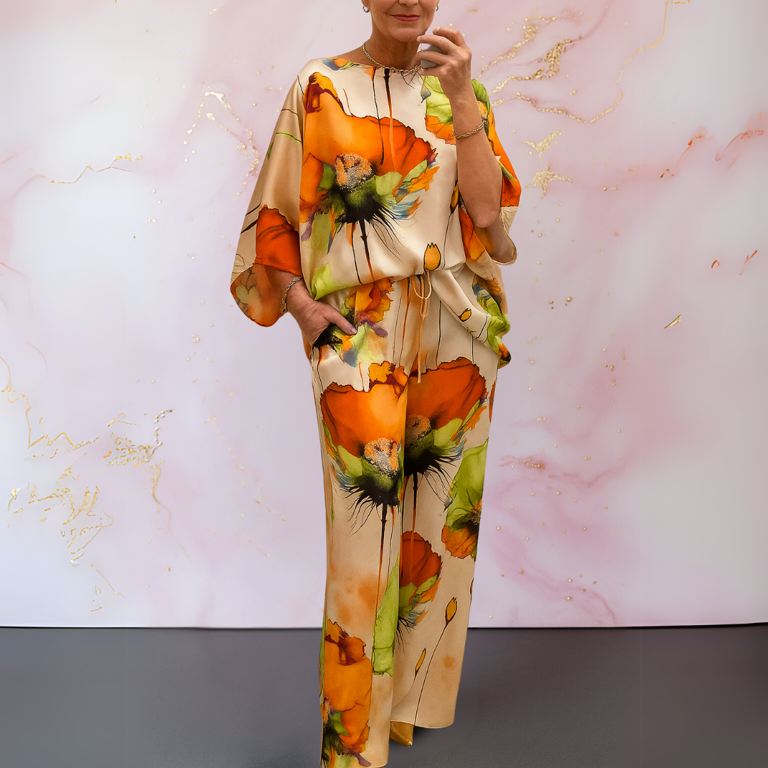 Watercolor Floral Batwing Top and Wide Leg Pants Two Piece Set