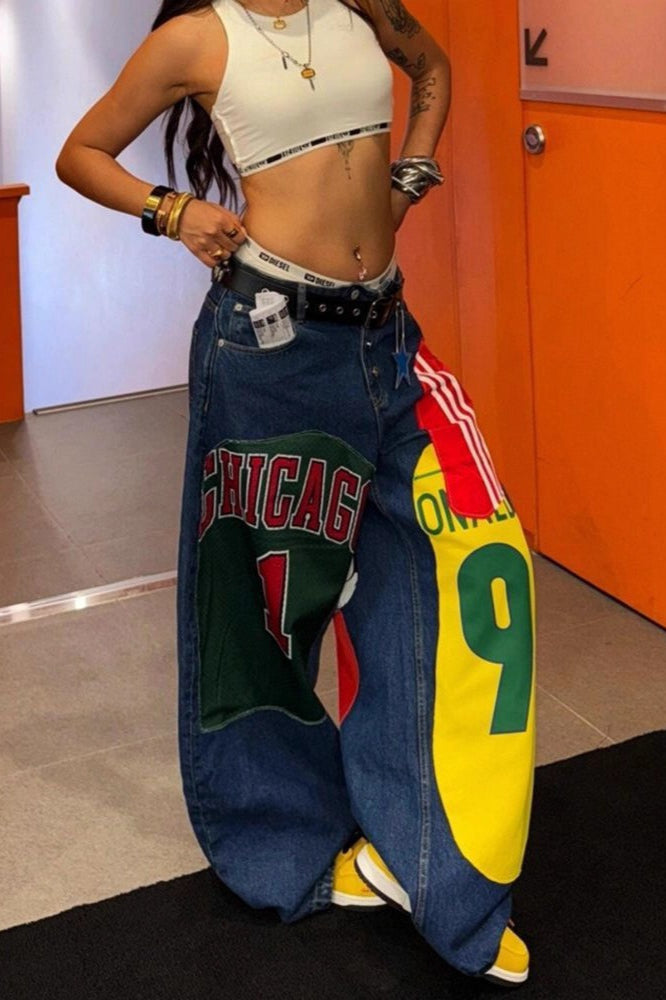Jersey Graphic Patchwork Low Rise Baggy Wide Leg Denim Jeans 4