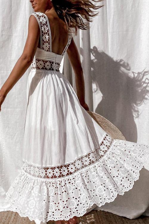 Square Neck Sleeveless Eyelet Lace Crochet Waist Pleated Tiered Ruffle Hem Midi Dress