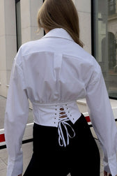 Retro Corset Cropped Tie Front Long Sleeve Top