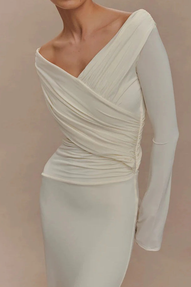 V Neck Long Long-Sleeved Ruched High Waist Maxi Dress