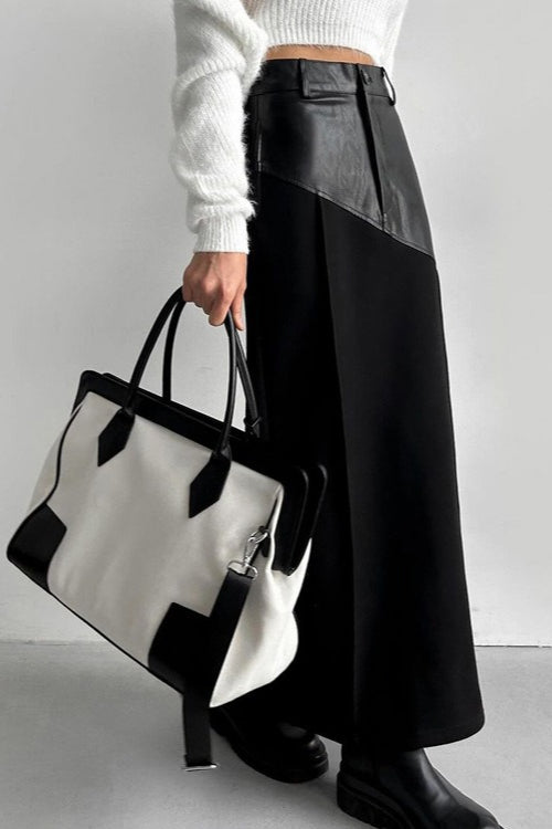 PU Leather Panel High Waist Slit Skirt