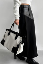 PU Leather Panel High Waist Slit Skirt