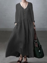 V-Neck Long Sleeve Pocket Drop Waist Maxi Dress 6