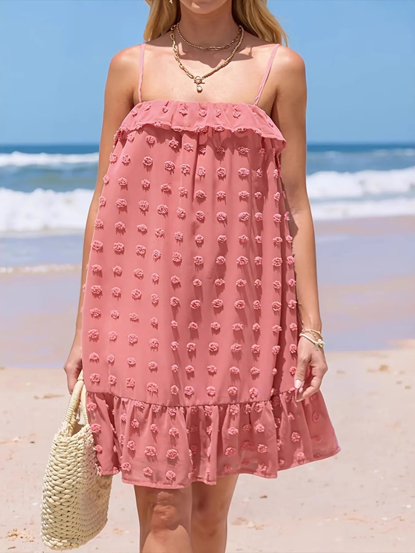 Ruffled Swiss Dot Cami Dress Burnt Coral