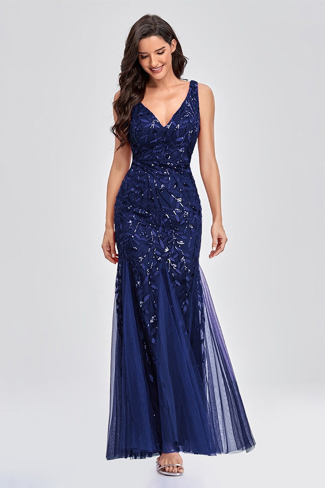 Sequin V-Neck Embroidered Mermaid Maxi Prom Dress