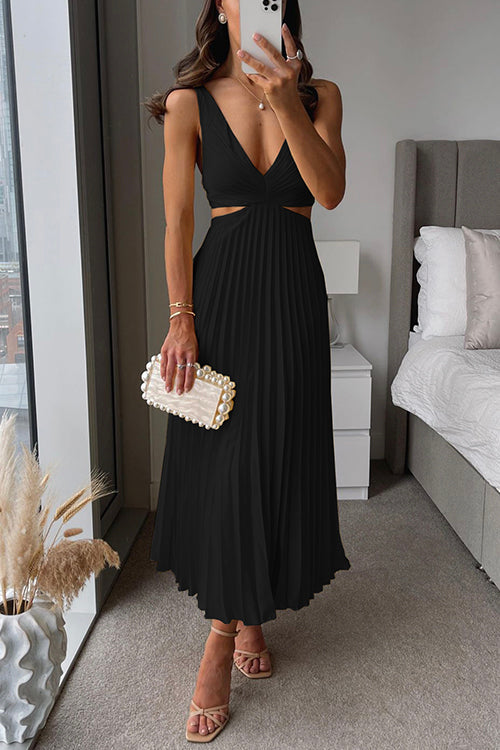 Satin V-Neck Cut Out Pleated Midi Dress 2