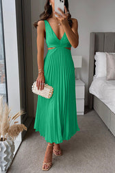 Satin V-Neck Cut Out Pleated Midi Dress 3