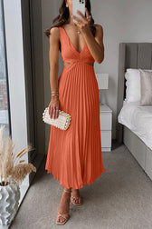 Satin V-Neck Cut Out Pleated Midi Dress 6