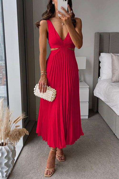 Satin V-Neck Cut Out Pleated Midi Dress 4