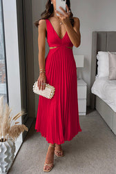 Satin V-Neck Cut Out Pleated Midi Dress 4