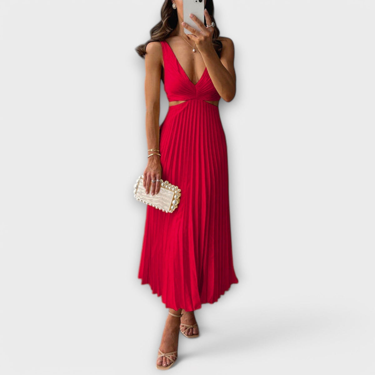 Deep V-Neck Cut Out Pleated Satin Midi Dress