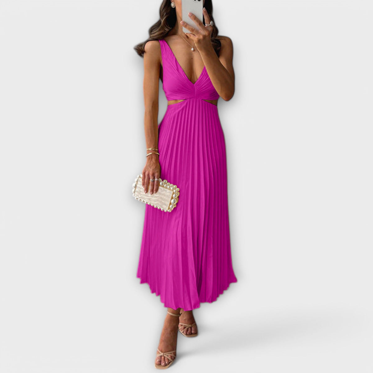 Deep V-Neck Cut Out Pleated Satin Midi Dress