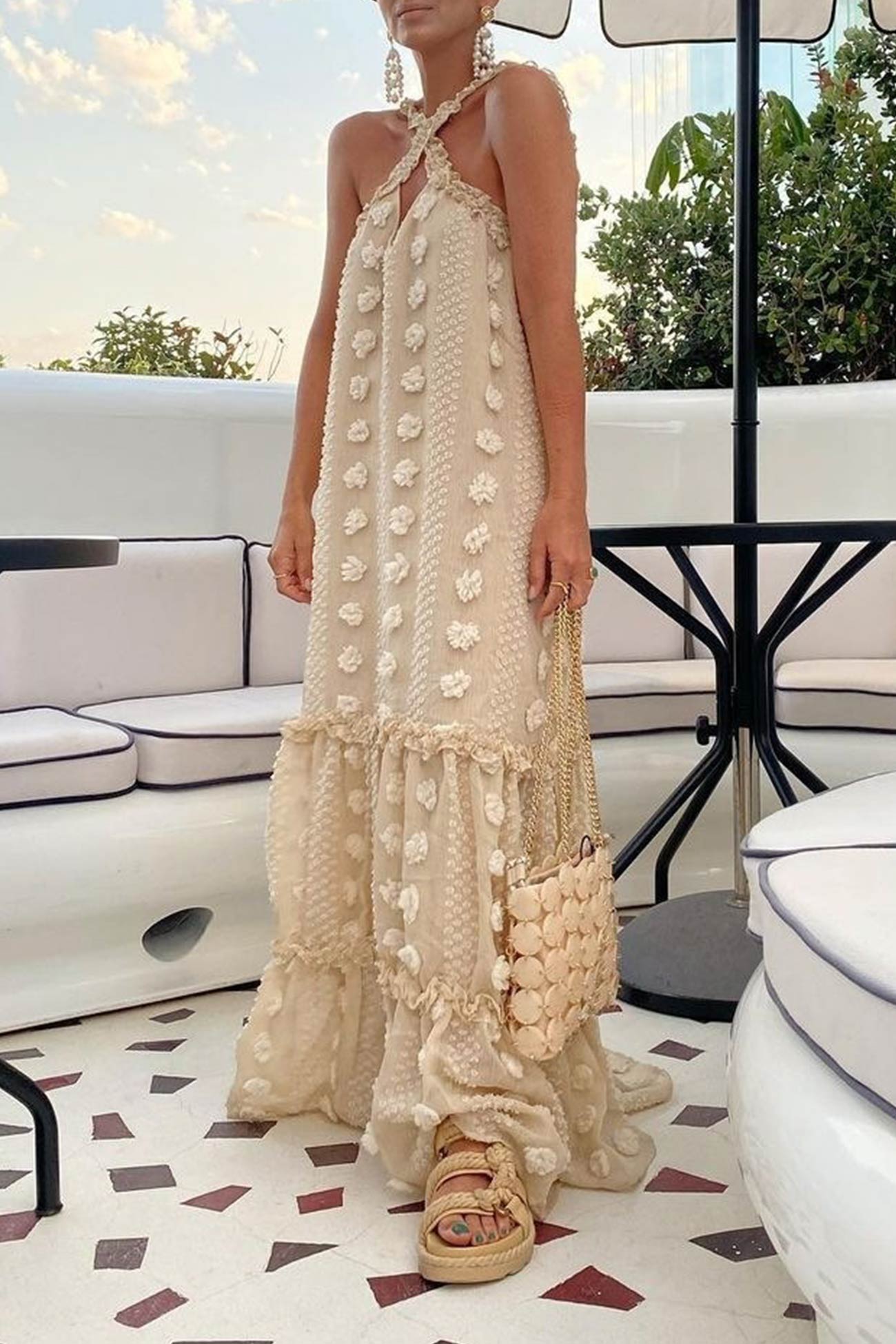 Appliqué Halter Neck Keyhole Tiered Maxi Dress 6