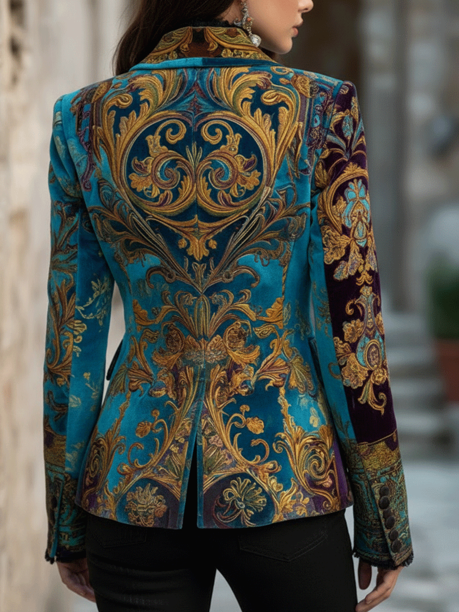 Baroque Print Velvet Single Button Blazer