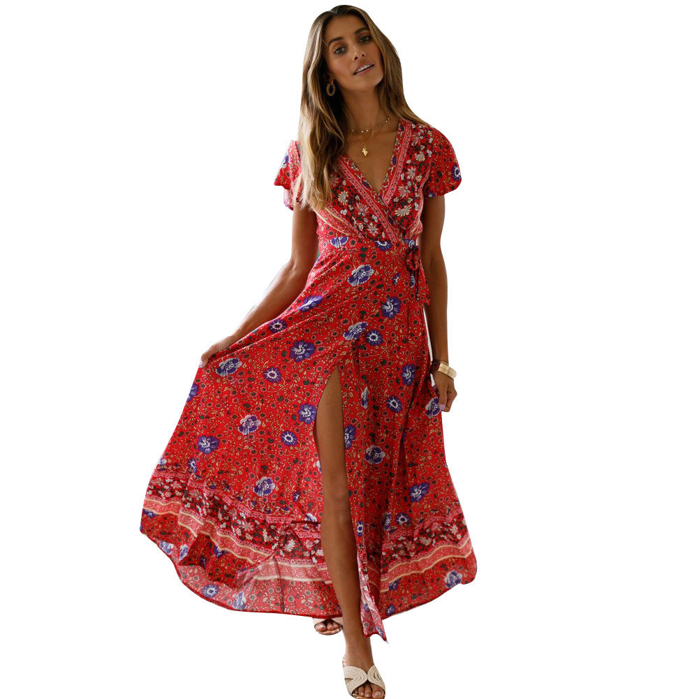 Boho Floral Print V-Neck Flutter Sleeve High Split Wrap Maxi Dress 6