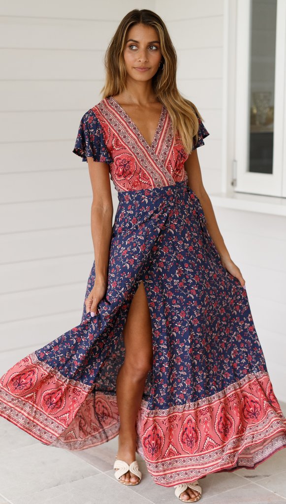 Boho Floral Print V-Neck Flutter Sleeve High Split Wrap Maxi Dress 12