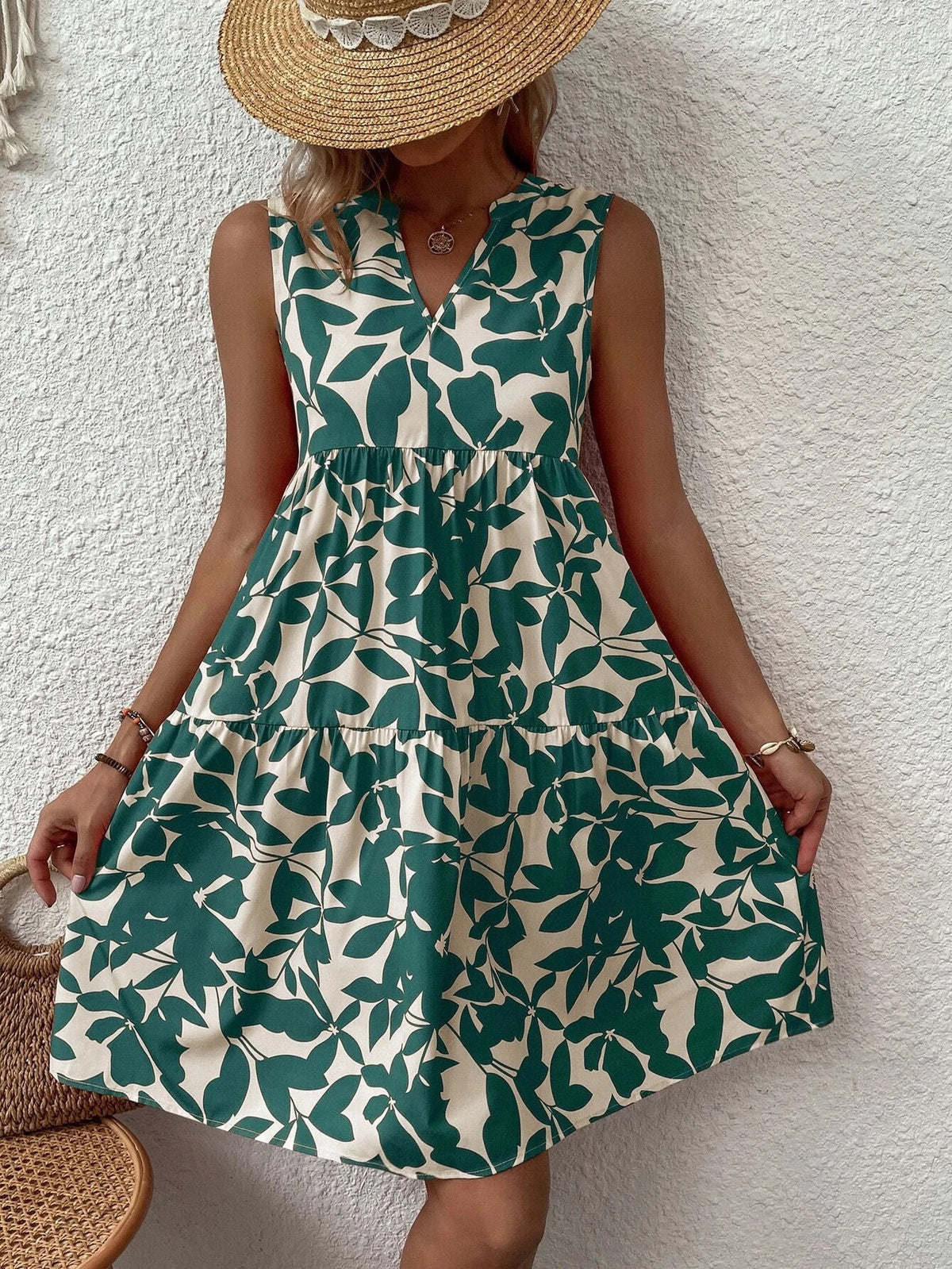 Leaf Print Notch V-Neck Sleeveless Tiered Swing Mini Dress 2
