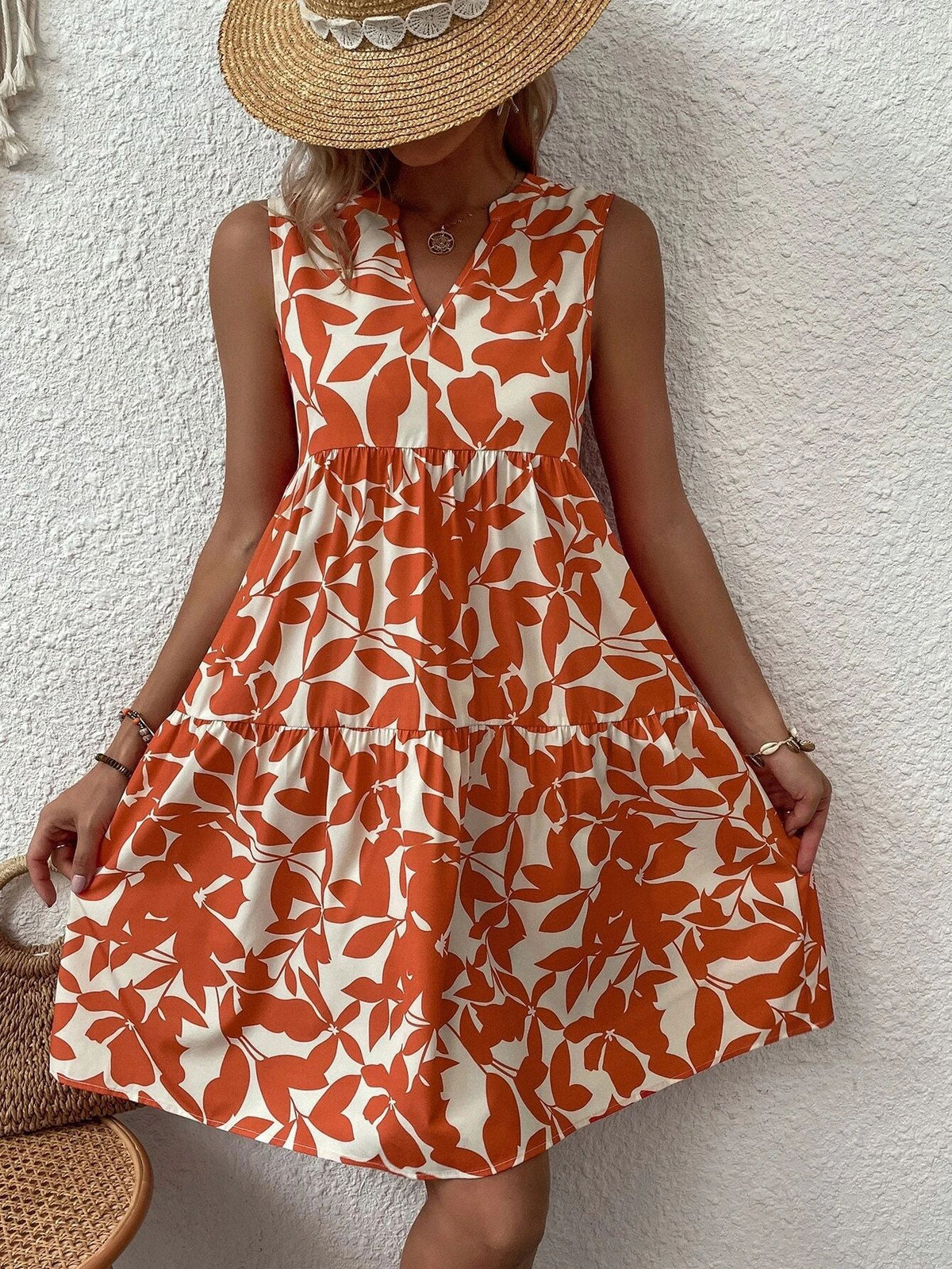 Leaf Print Notch V-Neck Sleeveless Tiered Swing Mini Dress 3