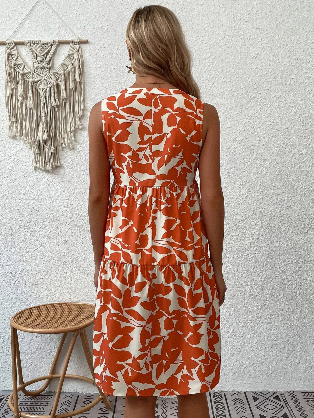 Leaf Print Notch V-Neck Sleeveless Tiered Swing Mini Dress 5
